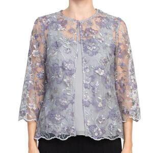Alex Evenings Floral Metallic Mesh Twinset Jacket Shell Size Small Gray Purple